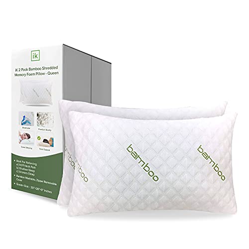 Bamboo Pillow (2 Pack Queen) - Premium Pillows for Sleeping - Shredded Memory Foam Pillow with Washable Pillow Cover - Adjustable Loft - Queen (Pack of 2)
