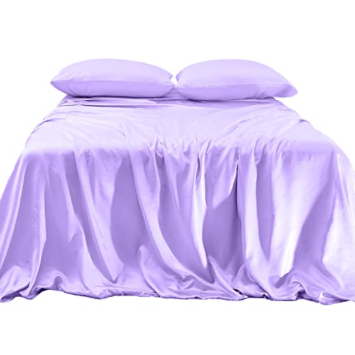 Elegant Comfort Luxurious 4-Piece Silky Satin Sheet Set, Skin and Hair Friendly, Wrinkle, Fade, Stain Resistant with Deep Pockets Fitted Sheet, Cooling Soft Satin Sheet Set, Twin, Lilac - Lilac - Twin