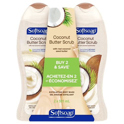 Softsoap Exfoliating Body Wash Scrub, Coconut Butter, 591 mL (2 Pack) - 591 ml (Pack of 2) - Exfoliating Coconut Butter Scrub