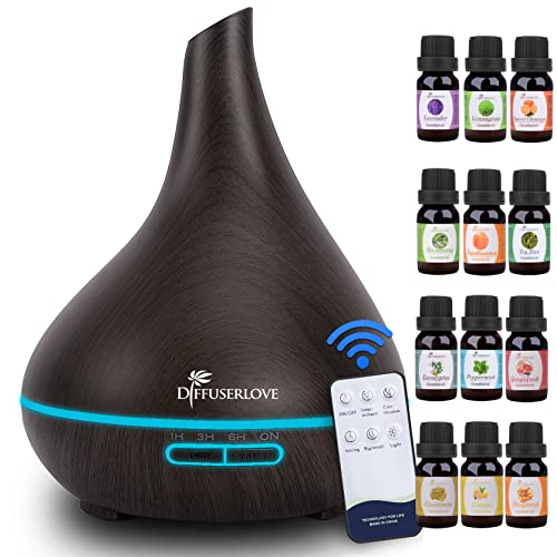 Diffuserlove 500ML Essential Oil Diffuser Ultrasonic Aromatherapy Fragrant Oil Vaporizer Humidifier with Adjustable Mist Mode, 7 Color LED, 4 timers, Waterless Auto-Off for Office Home Bedroom - Dark Brown Wood Grain