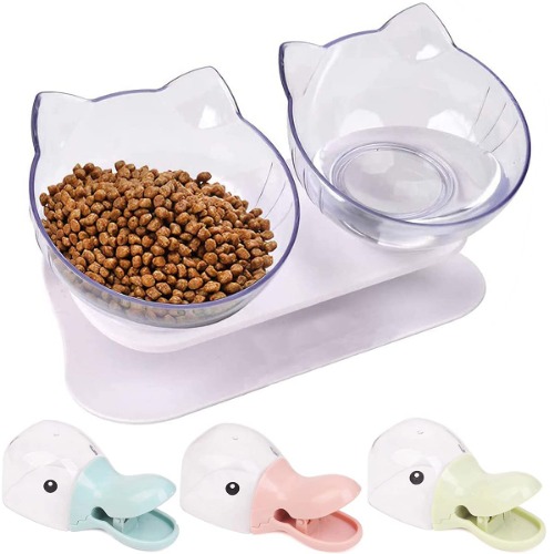 Auriko Slanted Cat Food Bowl - Pet Feeding Bowl - Elevated Transparent Bowl for Cats and Small Dogs (Double Bowls)