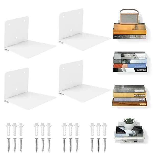 FENTEC Schwebende Bücherregale, Schwebendes Bücherregal für die Wand, Unsichtbare Bücherregale, Verstecktes Bücherregal aus Metall für das Schlafzimmer, Dekoration im Heimbüro, 4er Set, Weiß - Weiß - Set of 4