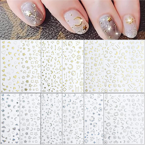 12 Sheets Gold Nail Art Stickers Decals,Nail Supplies 3D Self-Adhesive Nail Decals Metallic Stars Moon Glitter Gold Silver Nail Art Design Stickers for Women Girls Manicure Accessories Craft - Design 2