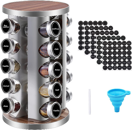 Rotating Spice Rack Organizer for Cabinet, 20 Jars Revolving Seasoning Organizer for Kitchen, Stainless Steel Spice Tower for Countertop with Reuseable Labels and Funnel - 20 Jars