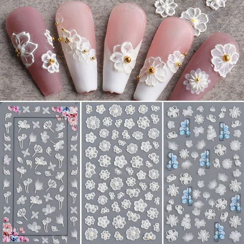 Flower Nail Art Sticker Decals 5D Hollow Exquisite Pattern Nail Art Supplies Self-Adhesive Luxurious Nail Art Decoration White Feather Lace Flower Leaf Carving Design DIY Acrylic Nail Art, 3 Sheet - White