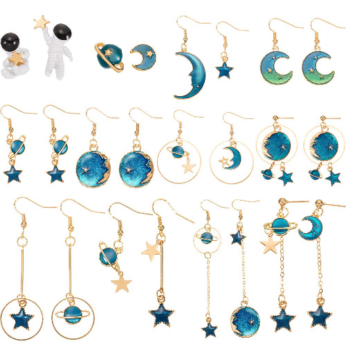 12 Pairs Moon Star Dangle Earth Planet Asymmetrical Drop Astronaut Stud Earrings Jewelry for Women Girls