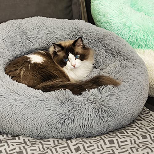 Raimaiso Anti Anxiety Round Fluffy Plush Faux Fur Warm Washable Dog Bed & Cat Bed, Original Bed for Small Medium Large Pets,Used to Relieve Joints and Improve Sleep（20"/24"/27''） (24", Light Grey) - 24.0"L x 24.0"W x 8.0"Th - Grey