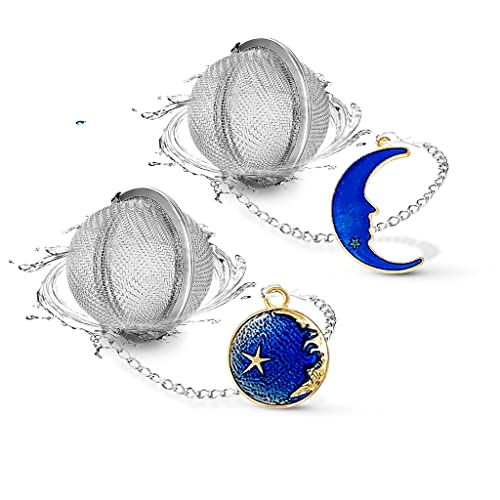 NSTaygate 2pcs Tea Infuser, Tea Strainers for Loose Tea, Gold Plated Enamel Moon Star Celestial Charm Pendant Tea Ball Set Loose Tea Steeper Gifts for Women