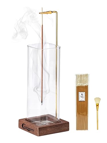 Ceremony Incense Holder, Wooden Incense Holder for Sticks with Glass Ash Catcher, Anti-ash Incense Burner with 20 Incense Sticks and a Ash Brush for Meditation Yoga Spa Room Decor - DG+Square Wooden Base