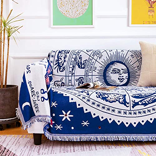 CaptainRay Boho Woven Throw Blanket Reversible Cotton Bohemian Tapestry Hippie Room Decor Witchy Astrology Zodiac Celestial Constellation Carpet Bed Couch Sofa Cover Sided (Blue, 71"x91") - Blue - Large