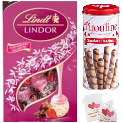 Valentine's Day Gift Basket - Valentine Lindor Strawberry Chocolate Truffles Mix Bag, 19 oz And Pirouline Chocolate Hazelnut Creme Filled Wafer Cookies, 3.25oz Tin Come With Maryse's Place Treat Bag (valentines day Gift For Everyone ) - valentines day Gift
