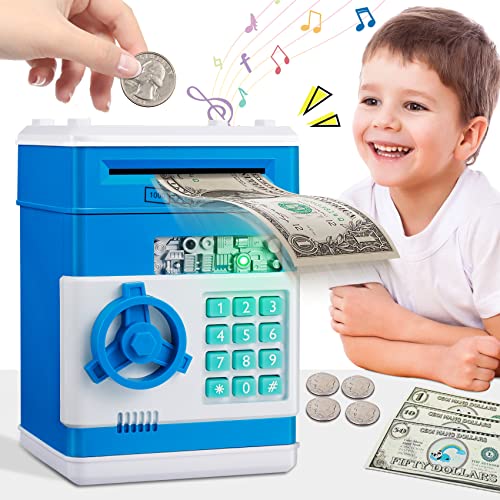 MAGIBX Piggy Bank Toys for 4 5 6 7 8 Year Old Boys Gift Ideas, Real Money Saving Box for Boys Toys Age 6-8-10, Christmas Birthday Gifts for 4 5 Year Old Boys ATM Machine for Kids 3-5, Blue Stuff - Blue