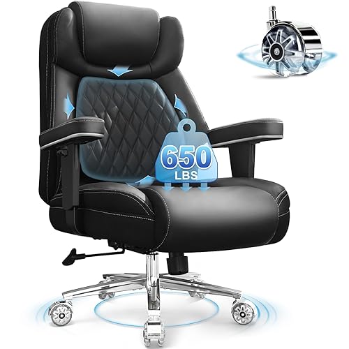 Big and Tall Office Chair 650lbs,Heavy Duty Office Chairs with Dual Rubber Wheels,Extra Wide Desk Chair,Adjustable Ergonomic Lumbar Support,High Back Rocking Computer Chair for Heavy People - Black With Electroplated Color - Lift Armrest