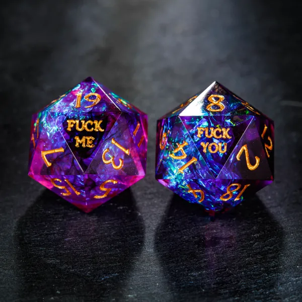 Sharp Edge Purple Glitter Resin DnD Dice Set Fuck Me Fuck You Dice