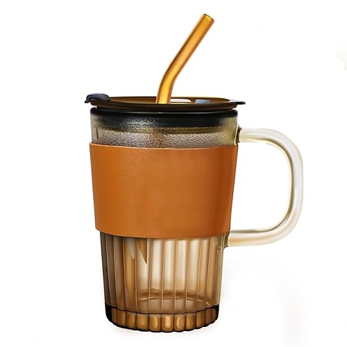 Glass tumblers with lid and straw 13oz 400ml tumbler water glass mug ice coffee tumbler with leather sleeve handle clear amber green travel glass to go cup dome lid stanley cup(Amber) - Amber