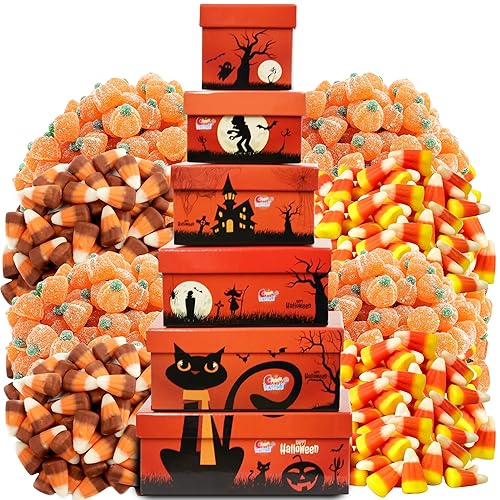 Sarah's Candy Factory Halloween Theme Tower Box, Candy Corn, Autumn Mix, Indian Candy Corn, Jelly Pumpkin, All Single Serve Packs - 3.5 Pounds (Pack of 1)