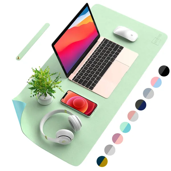 AFRITEE Desk Pad Protector Mat - Dual Side PU Leather Desk Mat Large Mouse Pad Waterproof Desk Organizers Office Home Table Decor Gaming Writing Mat Smooth (Light Green/Greenish Blue, 23.6" x 13.8") - Light Green/Greenish Blue 23.6" x 13.8"