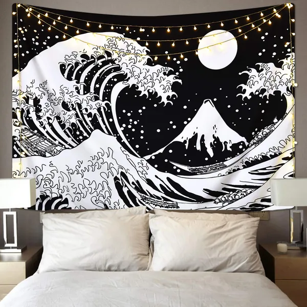 Japanese Wave Tapestry,Kanagawa Great Wave Wall Tapestry, Wave Tapestry with Sun Tapestries, Black and White Tapestry for Room - Japanese Wave 51.2ʺL × 59.1ʺW