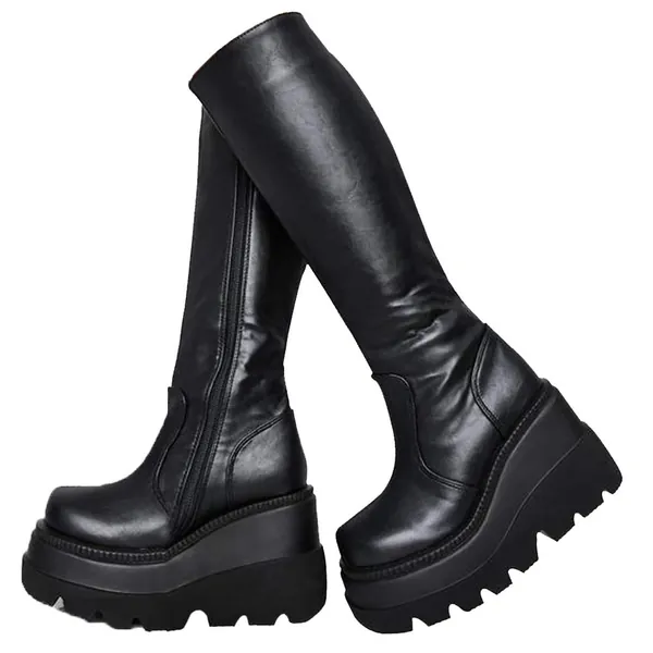 Womens High Platform Mid Calf Wedges Chunky High Heel Round-Toe Side Zip Punk Combat Boots For Women - 6.5 C-black