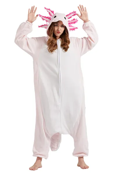 DELEY Unisex Adult Axolotl Onesies Pajamas Warm Sleepwear Halloween Cosplay Homewear Anime Costume Pink Axolotl - S: Height:141-155cm/55.5"-61" Axolotl