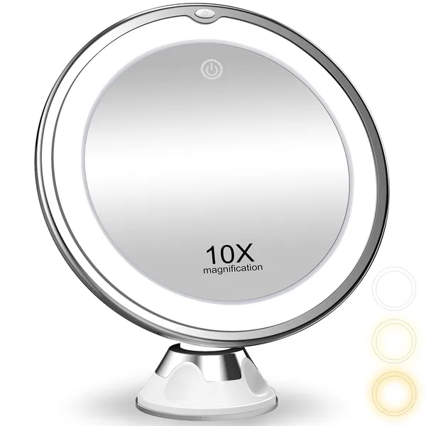 Upgraded 2022 10X Magnifying Makeup Mirror with Lights, 3 Color Lighting, Bathroom Shower Mirror with Suction Cup, Intelligent Switch, 360 Degree Rotation, Portable for Detailed Makeup, Close Skincare - White Medium