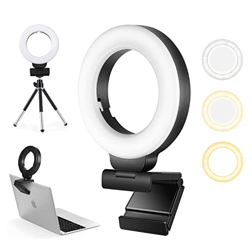 FDKOBE Webcam Lighting,Ring Light for Laptop/Computer,Zoom Call Lighting,4''Small Video Conference Lighting with Webcam Style Mount and Tripod,3 Light Modes&10 Brightness Levels,Selfie 3000k, 4inch