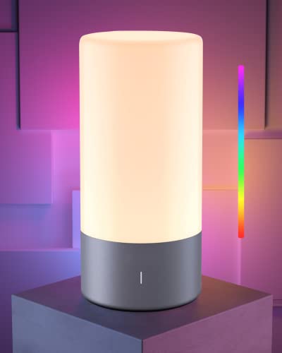 ROOTRO Table Lamp, [Advanced] Bedside Touch Control Lamp for Bedroom 3 Level Dimmable Warm White Lights with 256 RGB Color Mode Modern Deisgn Smart Nightstand Desktop LED Lamps Portable for Read - Gray