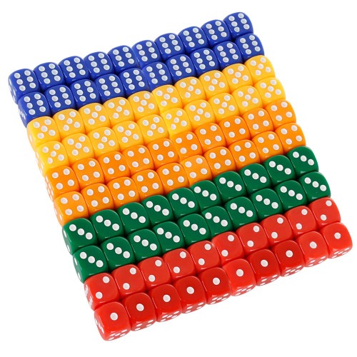 PowerKing 100 Pieces Standard Game Dice Set, 6-Sided Acrylic Dice with Square Corner for Tenzi, Farkle, Yahtzee, Bunco or Teaching Math Dice Games (16mm, 5 Colors) - Blue+Yellow+Orange+Green+Red