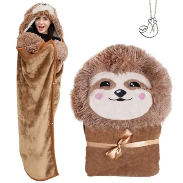 Sloth Wearable Hooded Blanket with Sloth Pendant Necklace – Warm and Cozy Oversized Blanket Hoodie with Hand Gloves- Premium Sherpa and Soft Flannel Fleece Hoodie Blanket for Adults and Kids