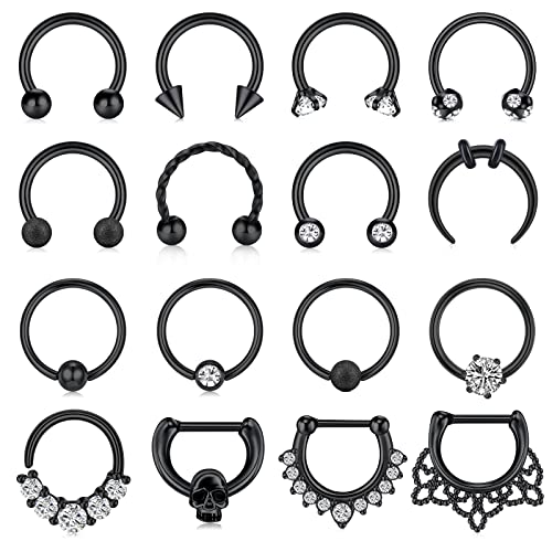 TOKRING 16G Septum Nose Rings Stainless Steel Hinged Seamless Nose Hoop Ring Horseshoe Piercing Jewelry Captive Bead Ring Helix Daith Tragus Cartilage Earrings for Women Men - Style A: Black 10MM