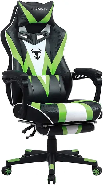 Green Gaming Chair, High Back Gamer Chair with Footrest, Recliner Computer Chair with Massage, Big and Tall Desk Chair for Gaming, Ergonomics Video Game Chair for Adults, Racing Gaming Chair Tall - Green