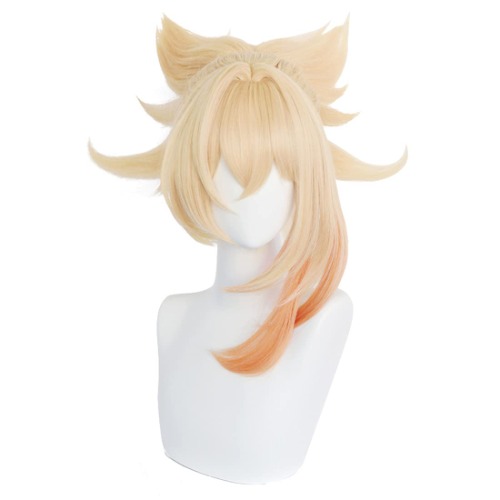 SL Blonde Wig for Yoimiya Cosplay Genshin Anime Orange Fluffy Spiky Hair Wigs with Ponytail Bangs + Cap (Need styling)
