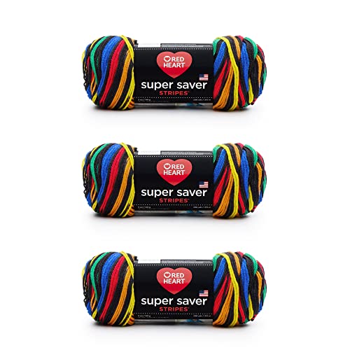 Red Heart Super Saver Primary Stripes Yarn - 3 Pack of 141g/5oz - Acrylic - 4 Medium (Worsted) - 236 Yards - Knitting/Crochet - Primary Stripes - 3 pack - Super Saver