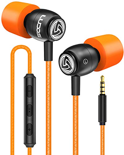 LUDOS Clamor Wired Earbuds in-Ear Headphones, 5 Years Warranty, Earphones with Microphone, Noise Isolating Ear Buds, Memory Foam for iPhone, Samsung, School Students, Kids, Women, Small Ears - Orange - 1 PACK - Orange