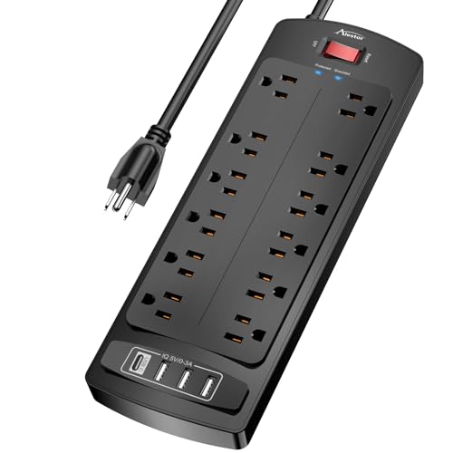 Power Strip Surge Protector - ALESTOR 10 Feet Extension Cord (1875W/15A) with 12 Outlets and 4 USB Ports, 2700 Joules, for Home, School, College Dorm Room, and Office, ETL Listed, Black - 10 Feet