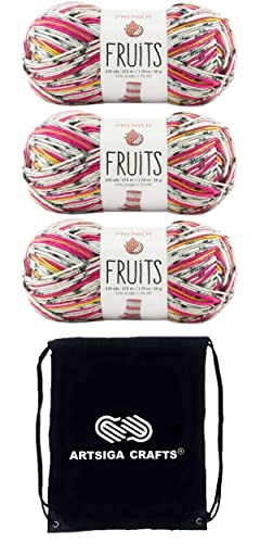 Premier Yarns Fruits Dragon Fruit 2052-02 (3-Skeins - Same Dye Lot) Weight #1 Acrylic Yarn for Crocheting and Knitting - Bundle with 1 Artsiga Crafts Project Bag - 2052-02-Dragon Fruit