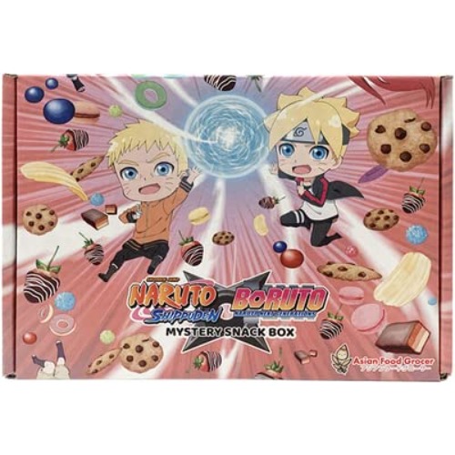 Asian Food Grocer NARUTO Snack Box - 1 to 2 Bottles of NARUTO & BORUTO Ramunes + 13 to 14 Japan imported snacks