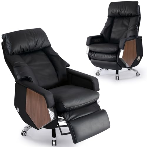 EMIAH Ergonomic Office Chair with Footrest Electric Reclining Big and Tall Executive Chair with Massager and Adjustable Headrest High Back Comfortable Swivel Desk Chair, Genuine Leather (Black)