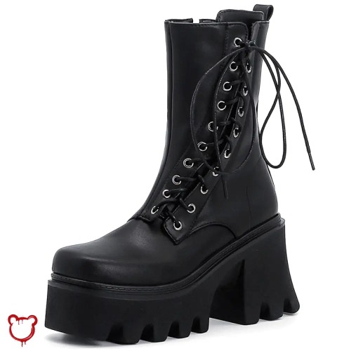 Black Lace-Up PU Leather Boots - black / 36