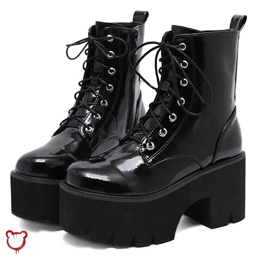 "Patent Platform Lace-up Boots" - black shoes / 5.5