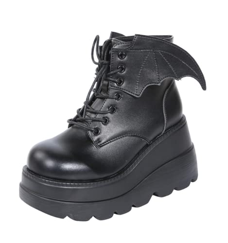 Gothniero Platform Goth Ankle Boots for Womem Black Holographic Combat Chunky Heel Boots with Side Zip Lace Up Wedge Booties US5.5-11 - 9 - Black3