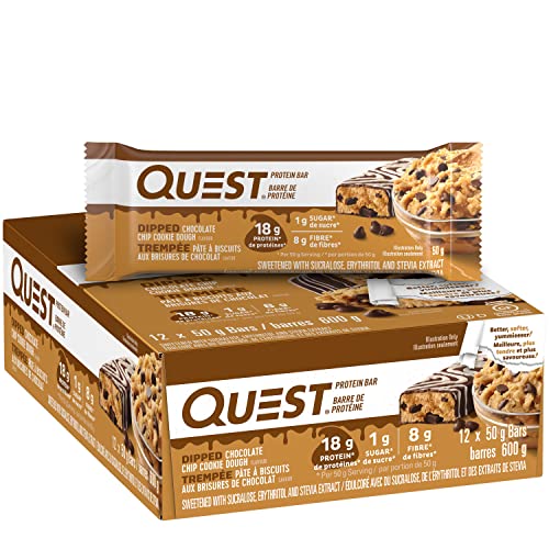 Quest Nutrition Dipped Chocolate Chip Cookie Dough Protein Bar, High Protein, High Fibre, Low Sugar, Low Carb, Keto Friendly, 21g Protein, 1g Sugar, 12ct - Chocolate Chip Cookie Dough - 12 Count (Pack of 1)