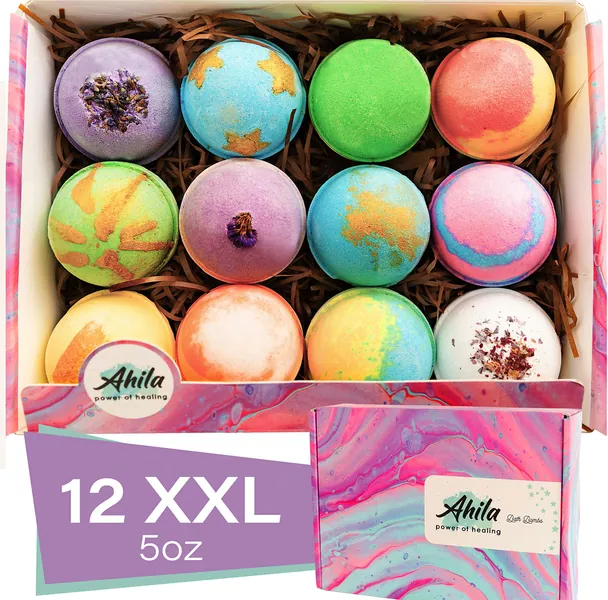 Ahila power of healing 12 XXL Bubbly Organic Bath Bombs Gift Set for Women Men and Kids Designed in Canada Long Lasting Floaters Relaxing Aromatherapy Rich in Pure Essential Oils Healing Properties - 
