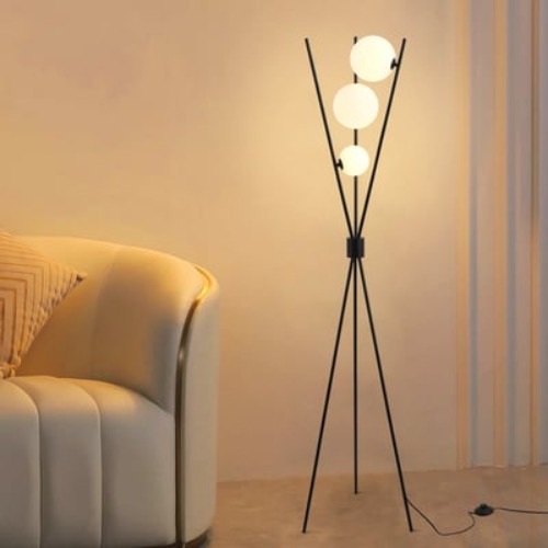 3-Light Black Modern Tripod Floor Lamp Bedroom Bedside Standing Light with Glass Shade | Homary 