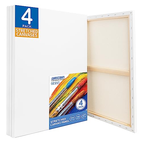 FIXSMITH Stretched White Blank Canvas - 18x24 Inch, 4 Pack,Primed Large Canvas,100% Cotton,5/8 Inch Profile of Super Value Pack for Acrylics,Oils & Other Painting Media - 18"x24" - 4