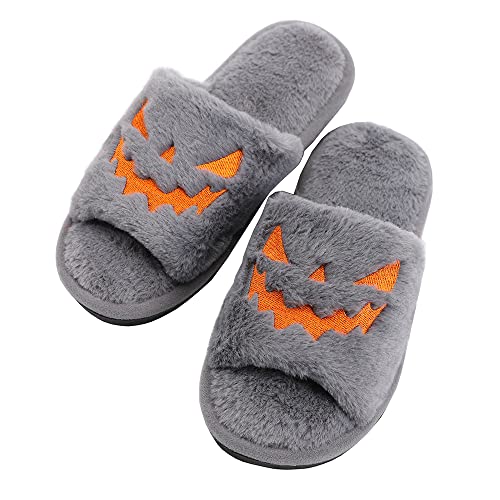 TITTOK Spooky Slides Halloween Slippers Jack O Lantern Pumpkin Soft Plush Cozy Open Toe Indoor Outdoor Fuzzy Slippers Gifts For Girls Women Girlfriend Men - 7-8 Women/6-7 Men - Grey