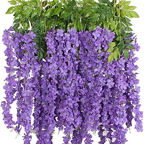 12 Pack Wisteria Flower Vines Garland, 3.75 Feet Artificial Flower Strings, Fake Hanging Flowers, Silk Wisteria Garland Flowers, Wisteria Vine for Wedding, Garden, Wall Decoration (Purple Blue) - Purple Blue