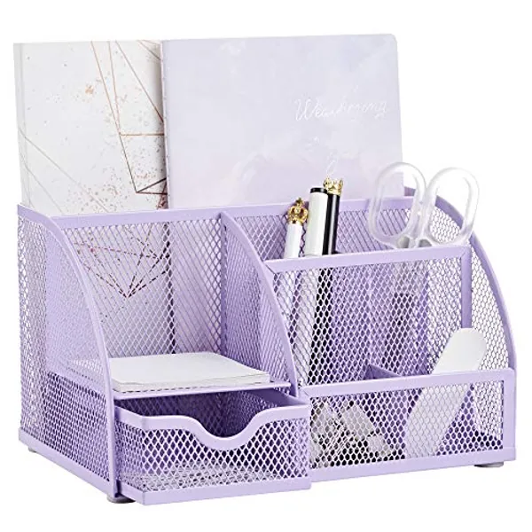 Annova Mesh Desk Organizer Office with 7 Compartments + Drawer/Desk Tidy Candy/Pen Holder/Multifunctional Organizer - Light Purple/Lavender