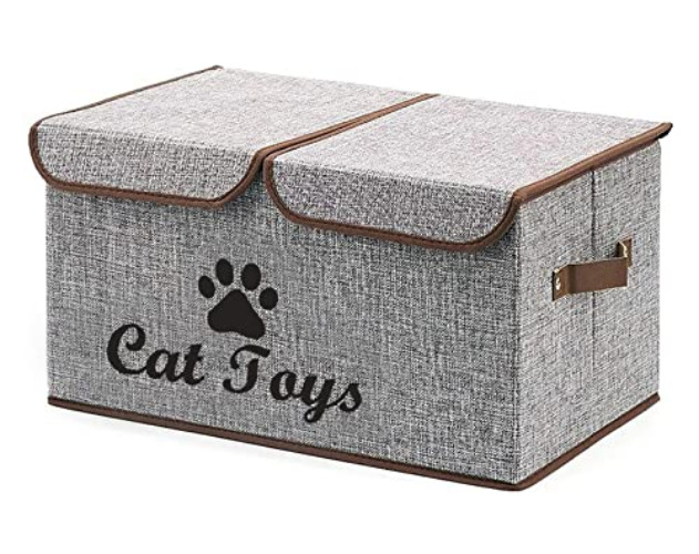Geyecete Large Storage Boxes - Large Linen Fabric Foldable Storage Cubes Bin Box Containers with Lid and Handles for CAT Apparel & Accessories, CAT Coats, CAT Toys, CAT Clothing-Gray - Gray