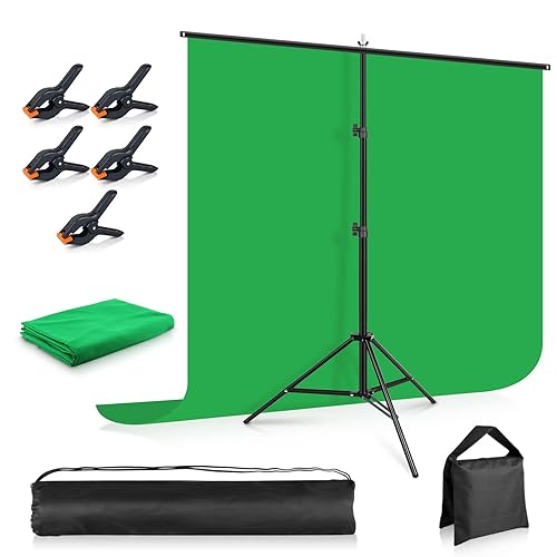 Green Screen Backdrop with Stand 5x6.5ft, Foccalli Photography Backdrop Stand with Chromakey Muslin Background, 5 Backdrop Clips and Sandbag for Streaming Gaming Photoshoot (Green) - Green